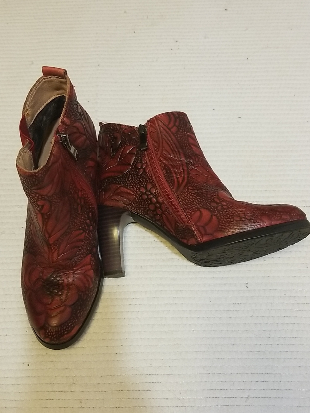 Women's Red Floral Embossed Genuine Leather Ankle Booties